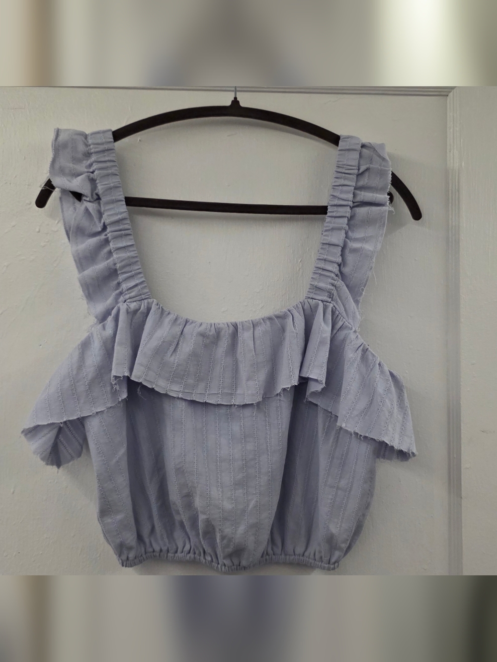 Show Me Your Mumu Ruffle Crop Top Blue Wide Strap Smocked Boho Medium